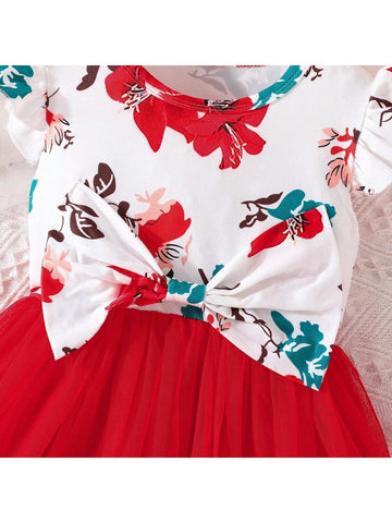 Summer Girls" Lovely Floral Print Flutter Sleeve Mesh Dress