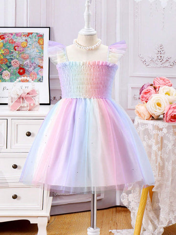 Summer Girls Ombre Red Mesh Ruched Spaghetti Strap Princess Dress