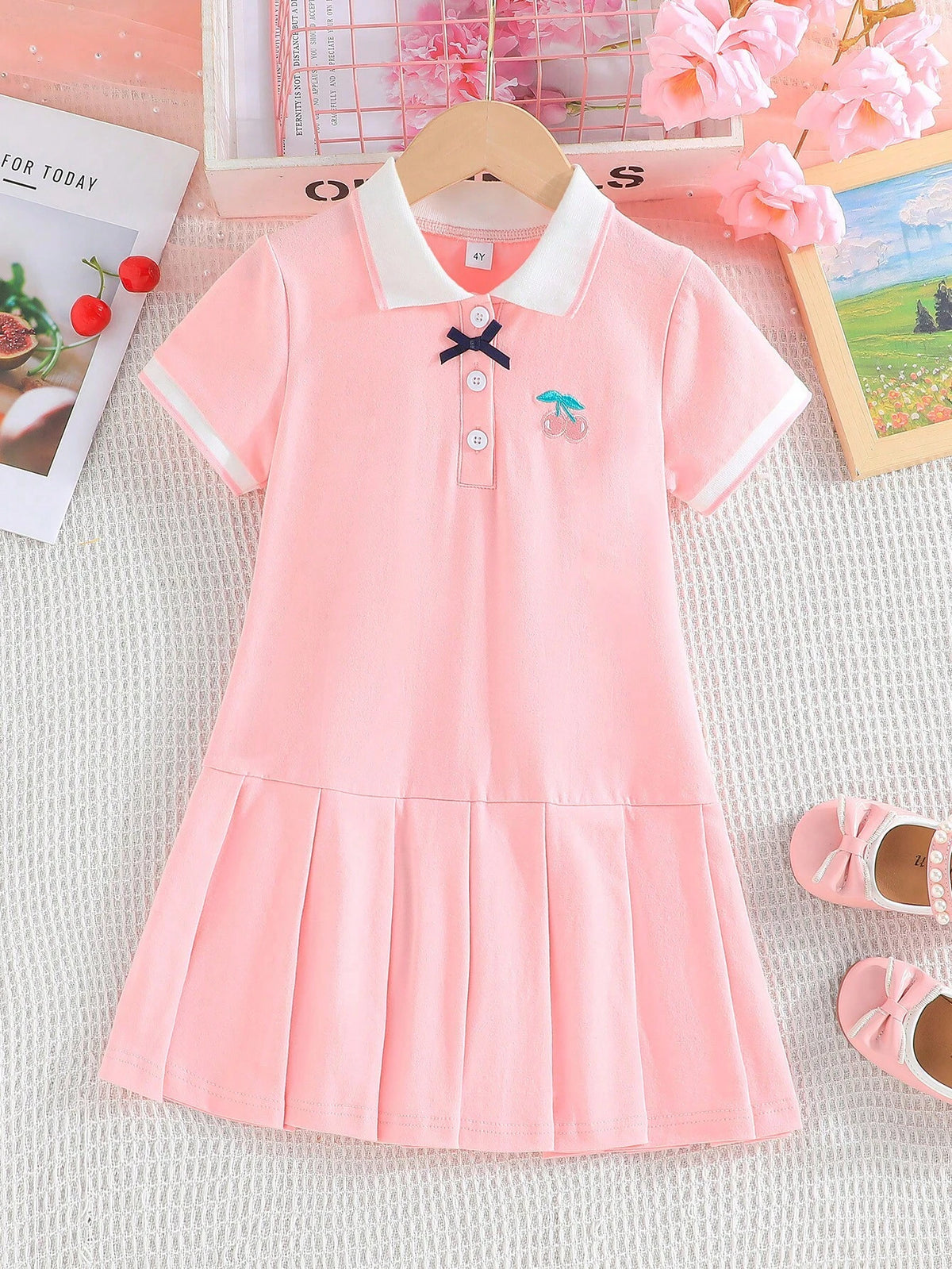 Summer Girls' Pink And White Jointed Cherry Embroidered School-Style Polo Collar Dress