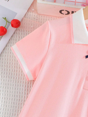 Summer Girls' Pink And White Jointed Cherry Embroidered School-Style Polo Collar Dress