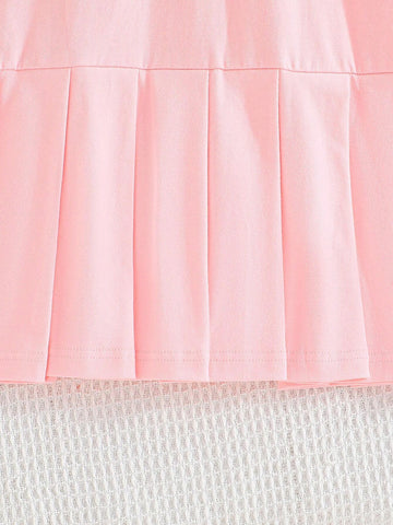 Summer Girls' Pink And White Jointed Cherry Embroidered School-Style Polo Collar Dress