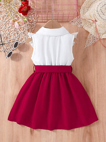 Summer Girls' Red Collared Ladylike Dress