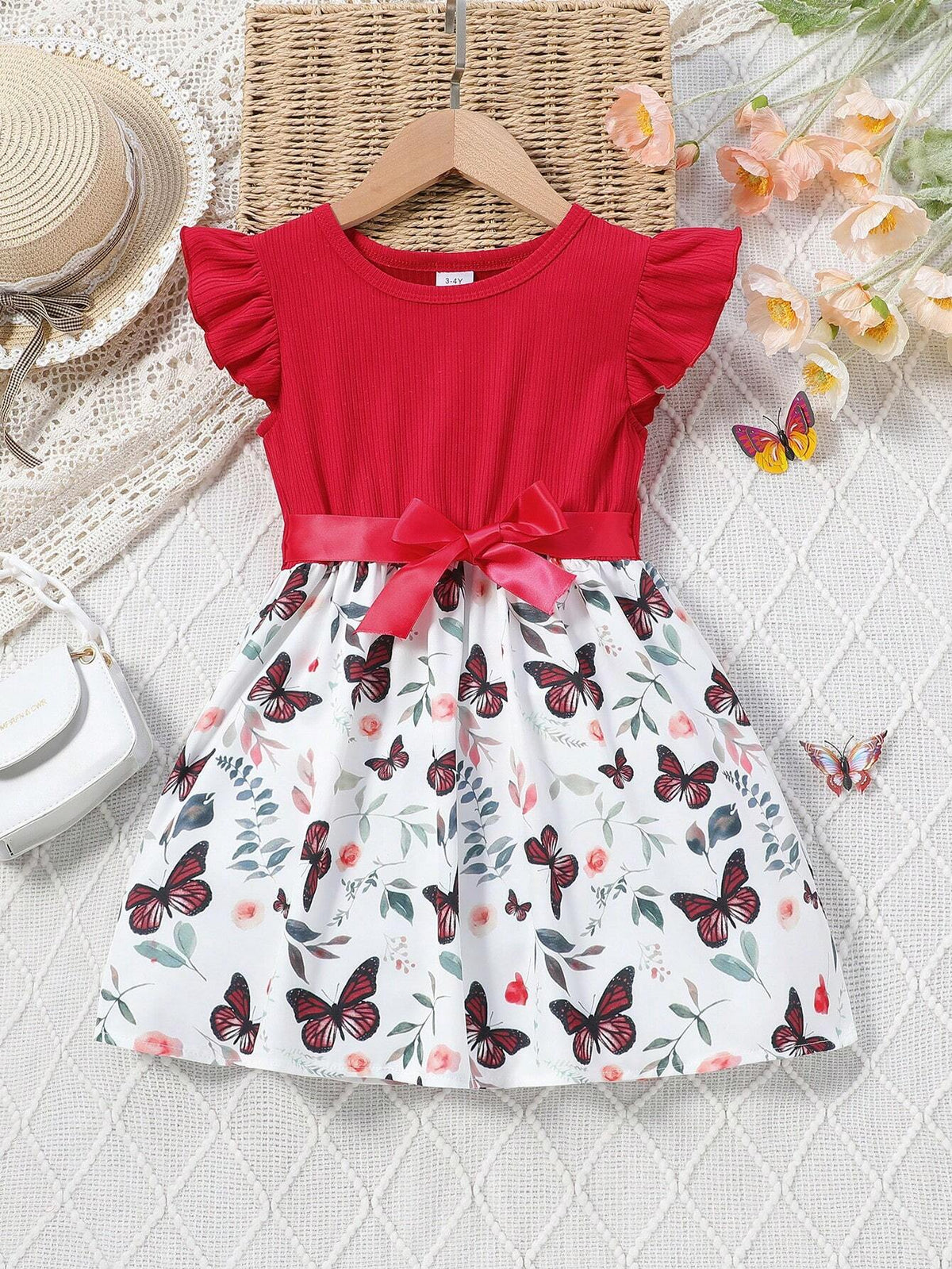 Summer Girls' Round Neck Sleeveless Dress With Ruffled Hem, Waist Belt, Leaf And Butterfly Print