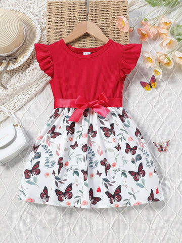 Summer Girls' Round Neck Sleeveless Dress With Ruffled Hem, Waist Belt, Leaf And Butterfly Print