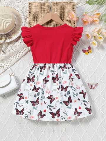 Summer Girls' Round Neck Sleeveless Dress With Ruffled Hem, Waist Belt, Leaf And Butterfly Print