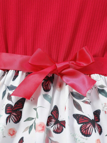 Summer Girls' Round Neck Sleeveless Dress With Ruffled Hem, Waist Belt, Leaf And Butterfly Print