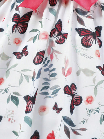 Summer Girls' Round Neck Sleeveless Dress With Ruffled Hem, Waist Belt, Leaf And Butterfly Print