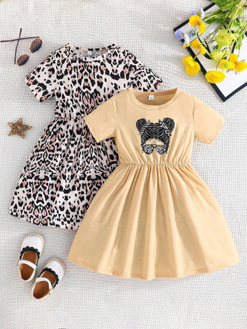 Summer Girls' Short Sleeve Digital Printed Dress Casual Set