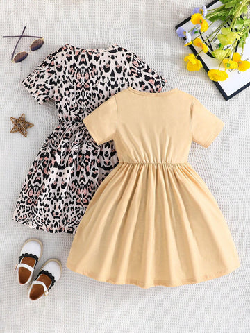 Summer Girls' Short Sleeve Digital Printed Dress Casual Set