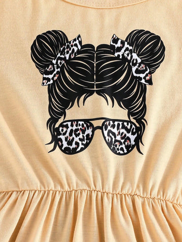 Summer Girls' Short Sleeve Digital Printed Dress Casual Set