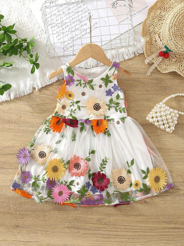 Summer Girls' Sleeveless Mesh Dress With 3D Embroidered Flowers, Casual One Piece Outfit