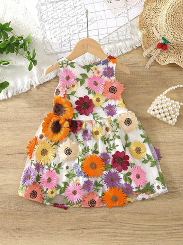 Summer Girls' Sleeveless Mesh Dress With 3D Embroidered Flowers, Casual One Piece Outfit