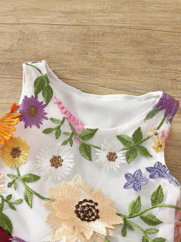 Summer Girls' Sleeveless Mesh Dress With 3D Embroidered Flowers, Casual One Piece Outfit