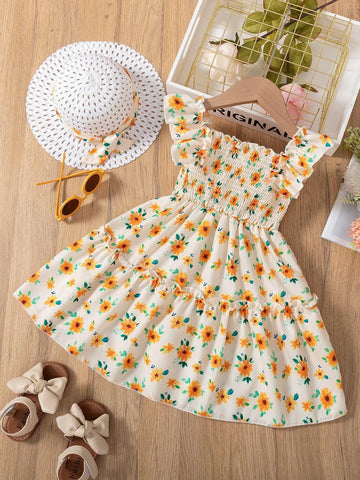 Summer Girls (Small) Floral Ruffle Cap Sleeve Lovely Sweet Apricot Dress + Hat