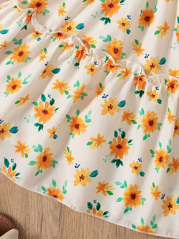 Summer Girls (Small) Floral Ruffle Cap Sleeve Lovely Sweet Apricot Dress + Hat