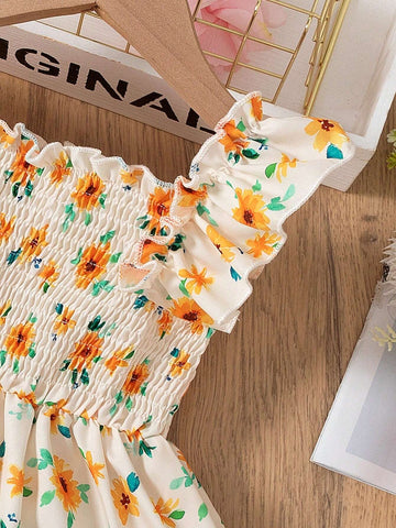 Summer Girls (Small) Floral Ruffle Cap Sleeve Lovely Sweet Apricot Dress + Hat