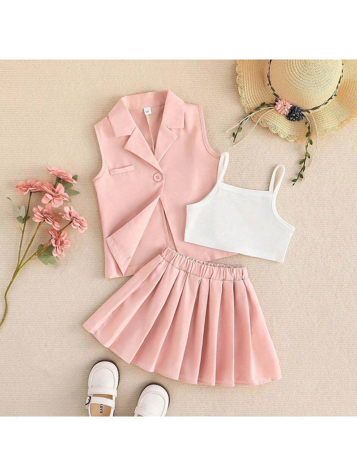 Summer Girls Solid Color Camisole Top + Solid Color Skirt Set