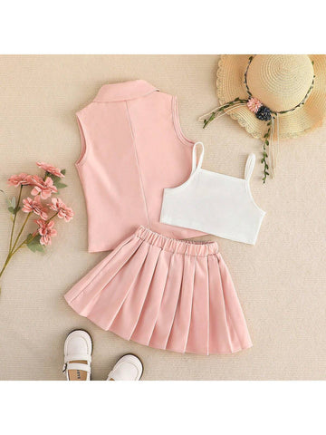 Summer Girls Solid Color Camisole Top + Solid Color Skirt Set