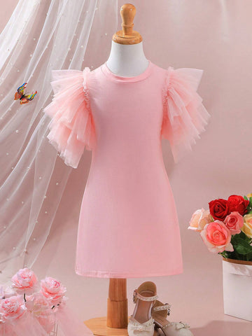 Summer Girls' Solid Color Mesh Tiered Short Sleeve Dress