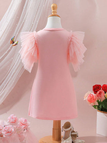 Summer Girls' Solid Color Mesh Tiered Short Sleeve Dress