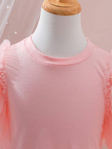 Summer Girls' Solid Color Mesh Tiered Short Sleeve Dress