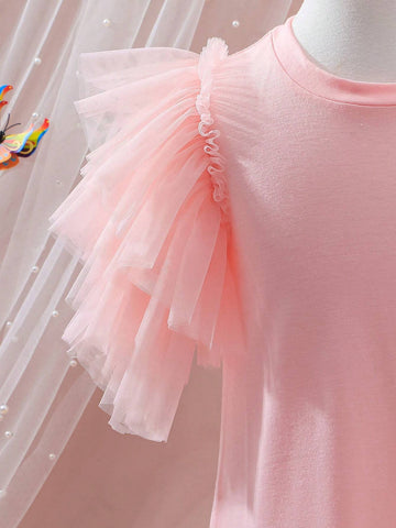 Summer Girls' Solid Color Mesh Tiered Short Sleeve Dress