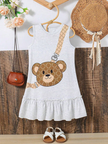 Summer Girls" Stylish Sleeveless Dress With Bear Animal Print And Fashionable Hem Design