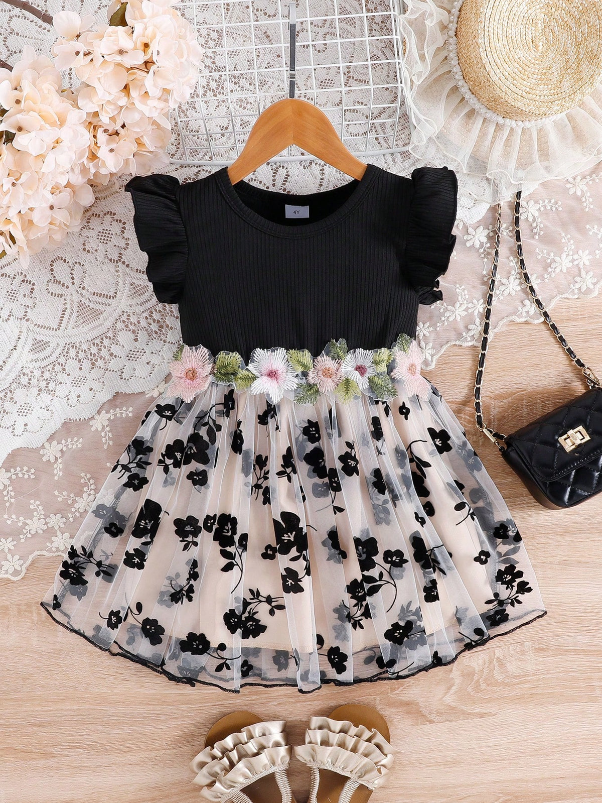 Summer Girls Sweet Cap Sleeve Floral Waist Floral Mesh Patchwork Dress