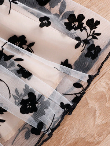 Summer Girls Sweet Cap Sleeve Floral Waist Floral Mesh Patchwork Dress