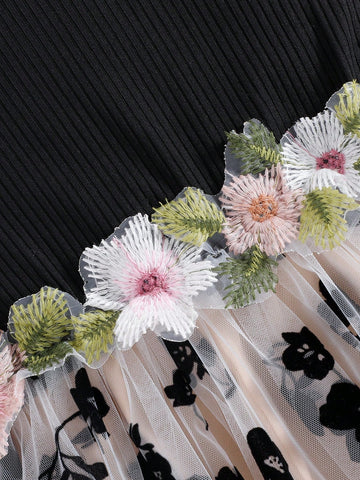 Summer Girls Sweet Cap Sleeve Floral Waist Floral Mesh Patchwork Dress