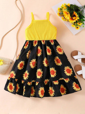 Summer Girls' Yellow Sunflower Printed Spaghetti Strap Patchwork Dress