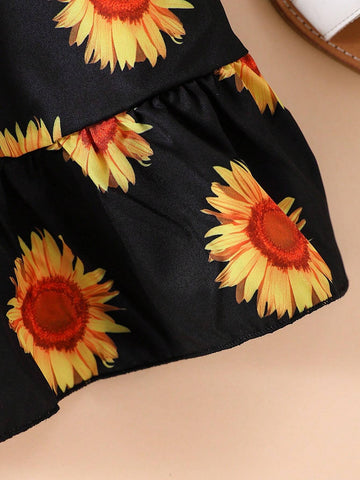 Summer Girls' Yellow Sunflower Printed Spaghetti Strap Patchwork Dress