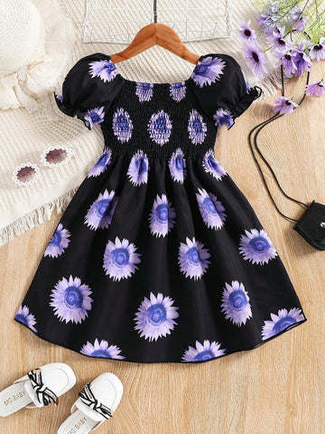 Summer Korean Style Girls' Trendy Sunflower Allover Print Puff Sleeve Dress