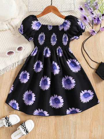 Summer Korean Style Girls' Trendy Sunflower Allover Print Puff Sleeve Dress