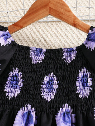 Summer Korean Style Girls' Trendy Sunflower Allover Print Puff Sleeve Dress