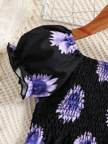 Summer Korean Style Girls' Trendy Sunflower Allover Print Puff Sleeve Dress