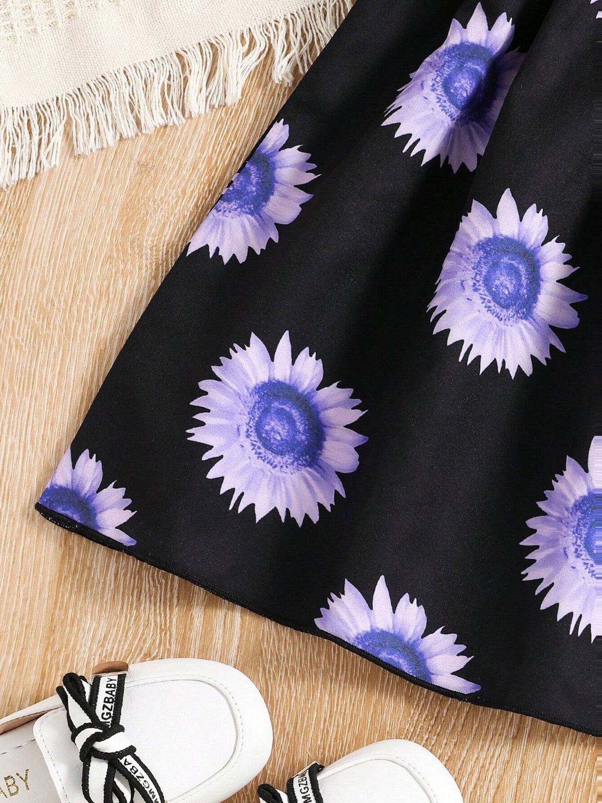 Summer Korean Style Girls' Trendy Sunflower Allover Print Puff Sleeve Dress
