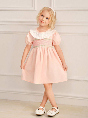 Summer Simple And Sweet Pink Pleated Flutter Sleeve Dress For Little Girls