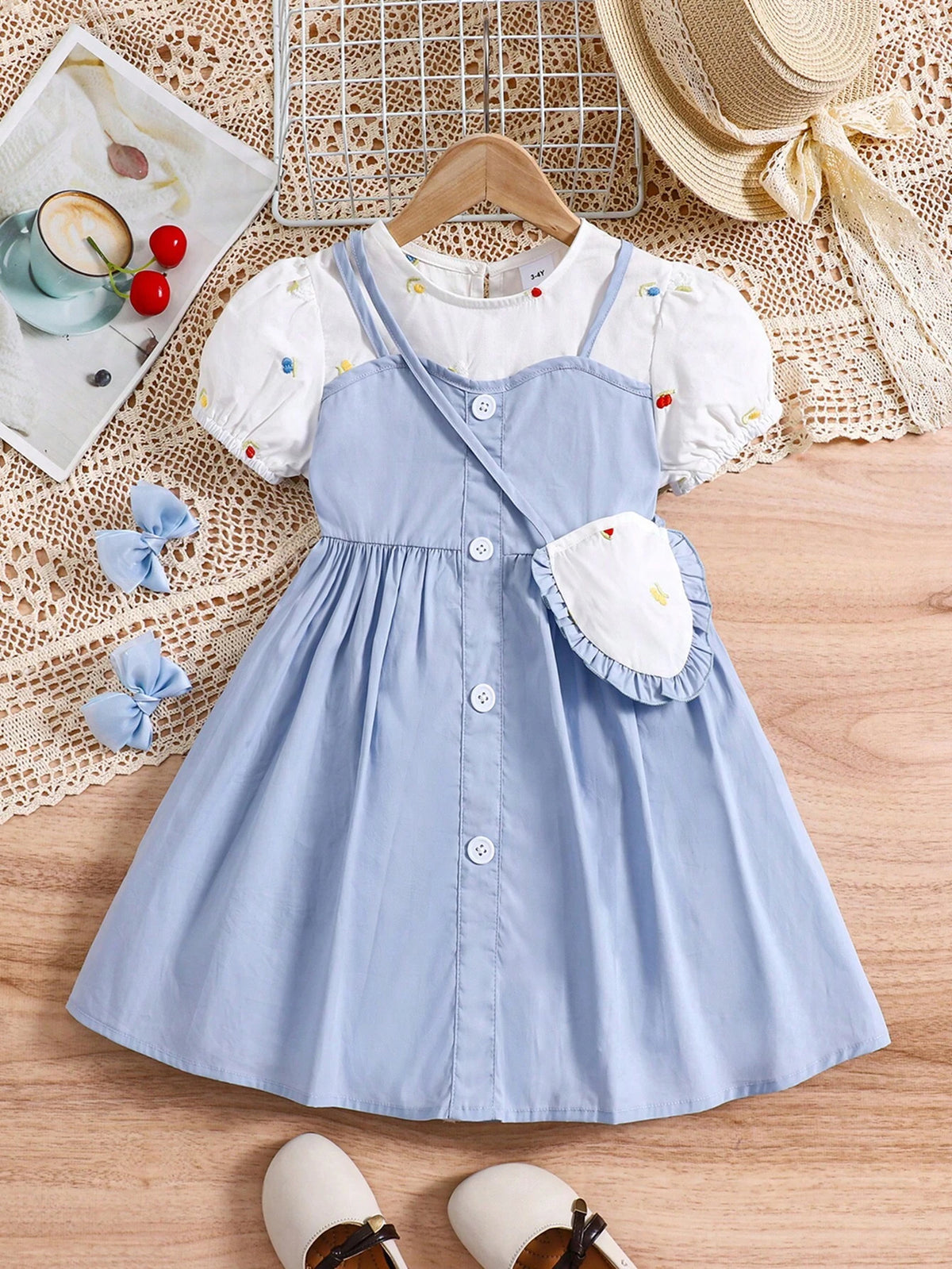 Summer New Embroidery Contrast Color Pure Cotton Dress With Fashionable And Simple Design, Matched With A Bag For Girls