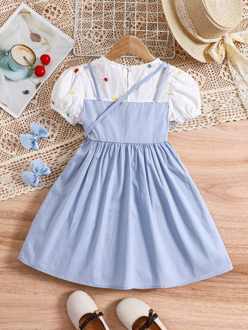Summer New Embroidery Contrast Color Pure Cotton Dress With Fashionable And Simple Design, Matched With A Bag For Girls