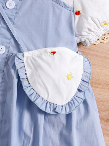 Summer New Embroidery Contrast Color Pure Cotton Dress With Fashionable And Simple Design, Matched With A Bag For Girls