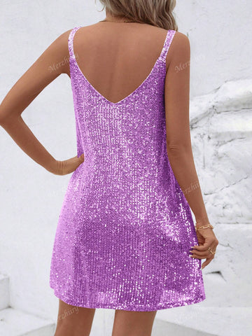 Summer New European And American Style Sleeveless V-Neck Sequin Dress