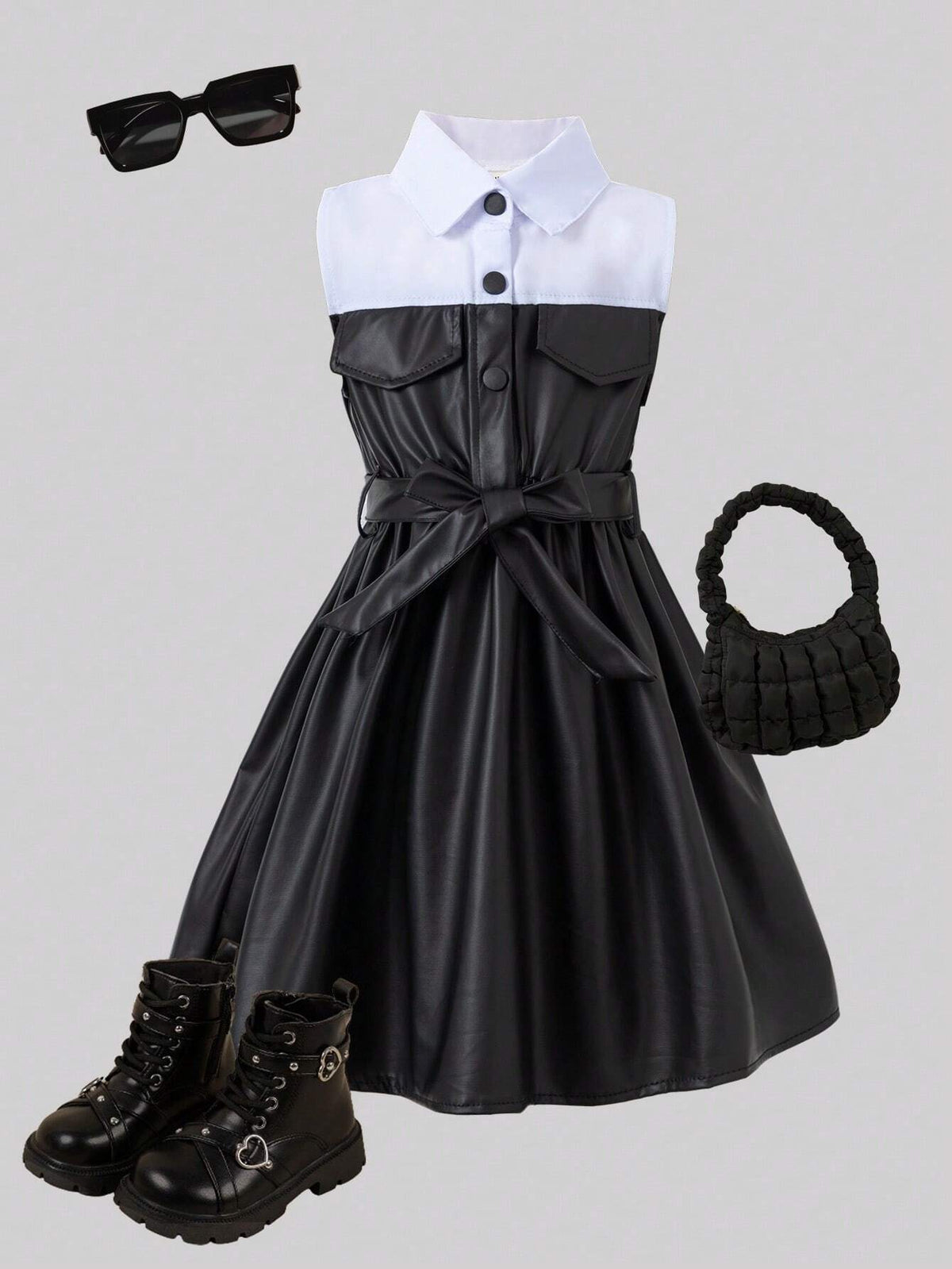 Summer New Fashionable Sleeveless And Lapel Collar Joint Dress With Waistband For Toddler Girls