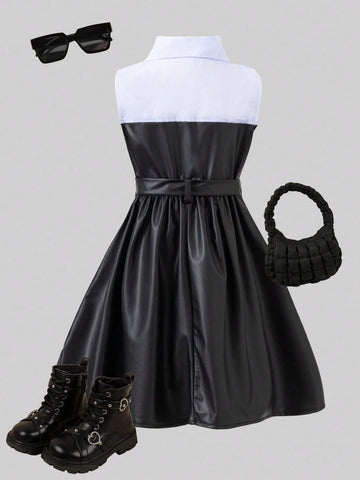 Summer New Fashionable Sleeveless And Lapel Collar Joint Dress With Waistband For Toddler Girls