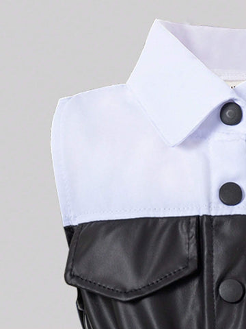 Summer New Fashionable Sleeveless And Lapel Collar Joint Dress With Waistband For Toddler Girls