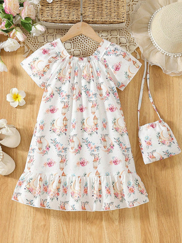 Summer New Floral Print Dress For Young Girl, Square Neck Short Sleeve Leisure Vacay Style With Decorative Mini Backpack