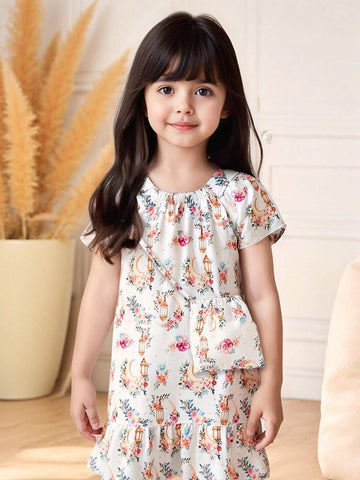 Summer New Floral Print Dress For Young Girl, Square Neck Short Sleeve Leisure Vacay Style With Decorative Mini Backpack