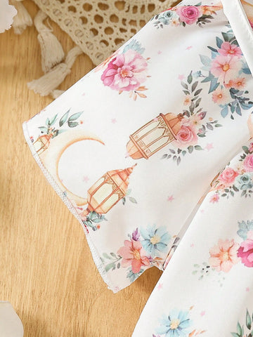 Summer New Floral Print Dress For Young Girl, Square Neck Short Sleeve Leisure Vacay Style With Decorative Mini Backpack
