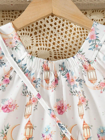 Summer New Floral Print Dress For Young Girl, Square Neck Short Sleeve Leisure Vacay Style With Decorative Mini Backpack