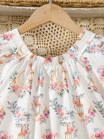 Summer New Floral Print Dress For Young Girl, Square Neck Short Sleeve Leisure Vacay Style With Decorative Mini Backpack